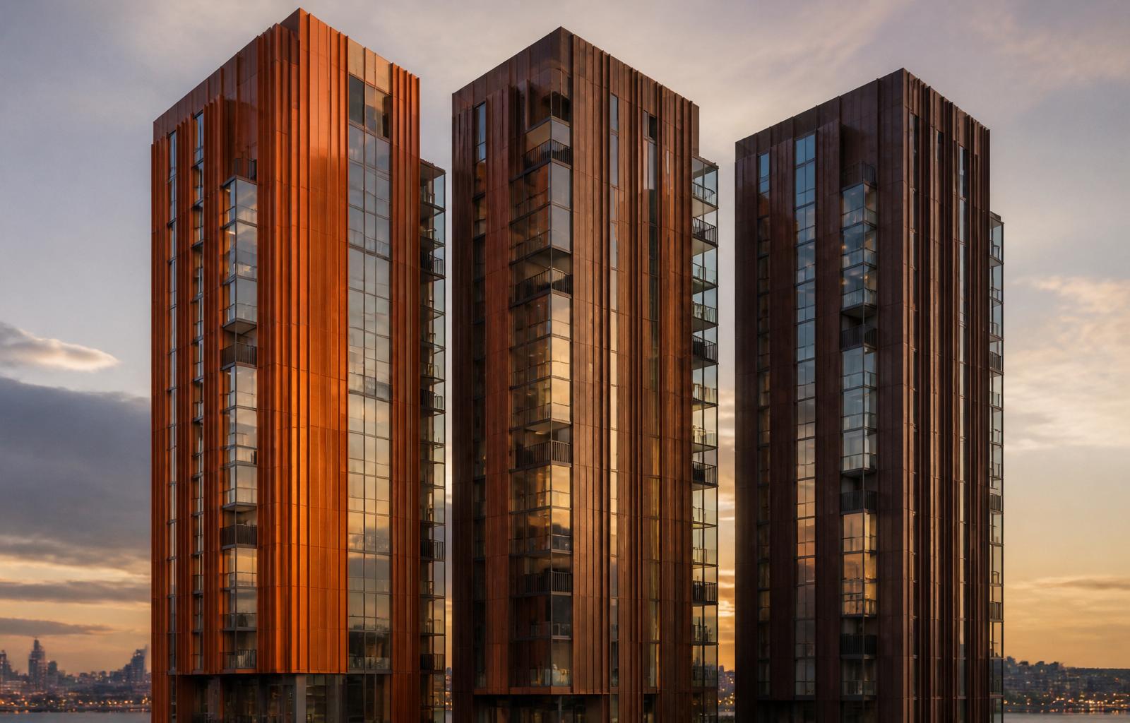 Three architectural towers clad in corten and wood-grain aluminum with structural glazing