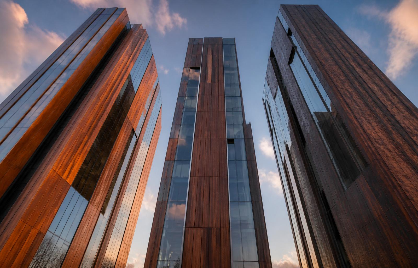Three architectural towers clad in corten and wood-grain aluminum with structural glazing